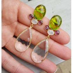 Vergulde oorbellen met Bergkristal en Peridot quartz