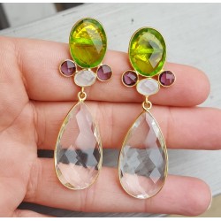 Vergulde oorbellen met Bergkristal en Peridot quartz