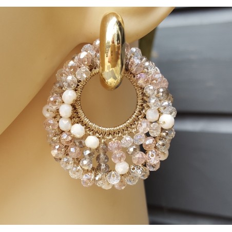 Creolen met ovale hanger van wit roze kristallen