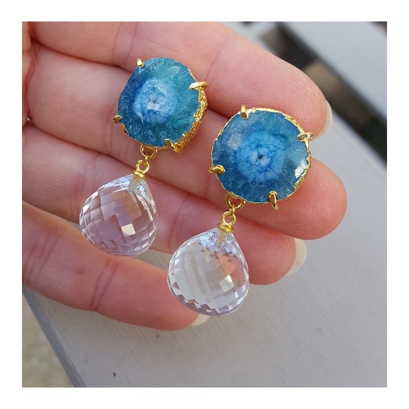 Vergulde oorbellen met wit Topaas en solar quartz