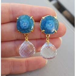 Vergulde oorbellen met wit Topaas en solar quartz