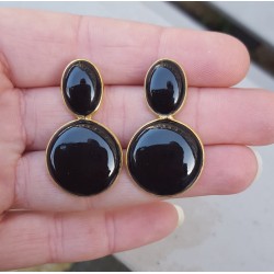 Vergulde oorbellen met ovale en ronde zwarte Onyx