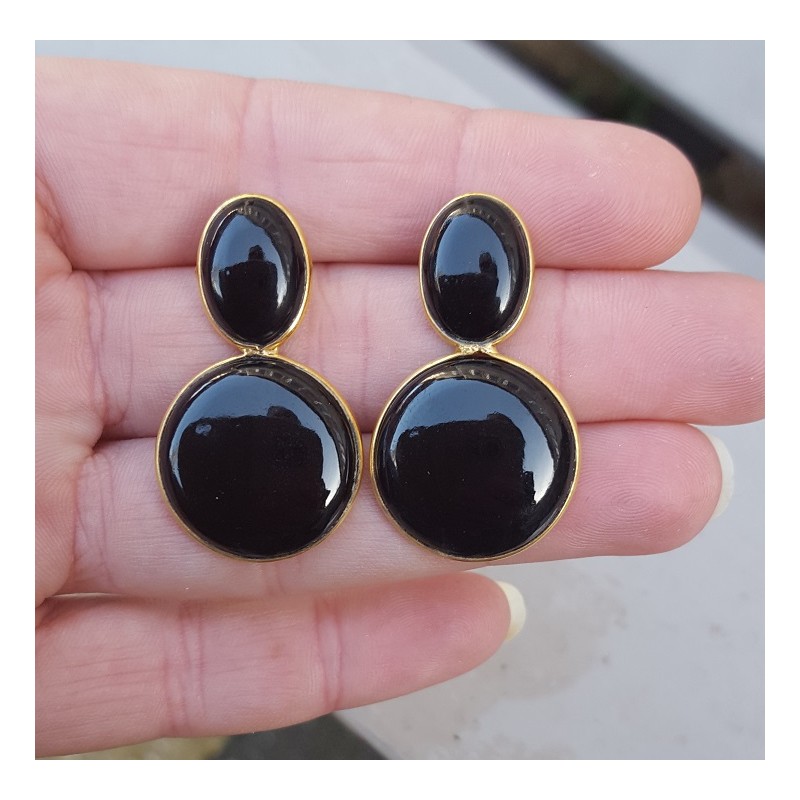 Vergulde oorbellen met ovale en ronde zwarte Onyx