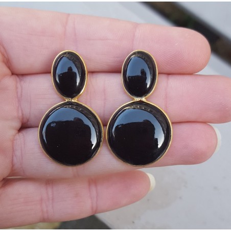 Vergulde oorbellen met ovale en ronde zwarte Onyx