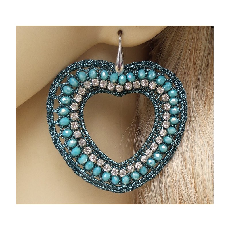 Oorbellen harten van zijdedraad en kristallen blauw /groen