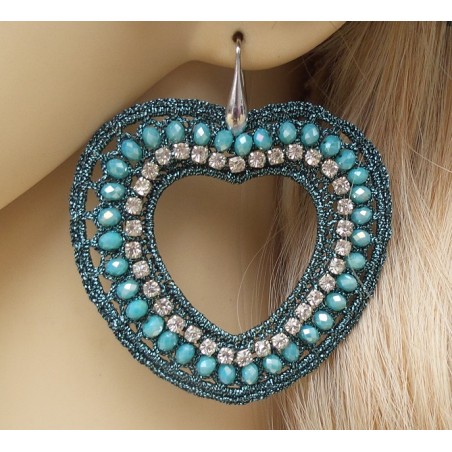 Oorbellen harten van zijdedraad en kristallen blauw /groen