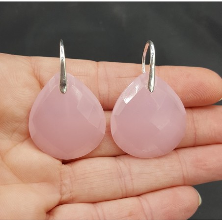 Zilveren oorbellen met grote roze Chalcedoon briolet