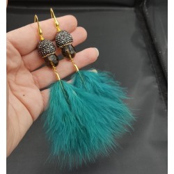 Vergulde oorbellen Smokey Topaas kristallen en veren