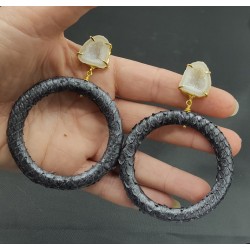 Vergulde oorbellen ring van Slangenleer en Agaat geode