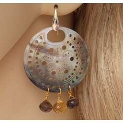 Vergulde oorbellen met Blacklip schelp, Citrien en Smokey Topaas