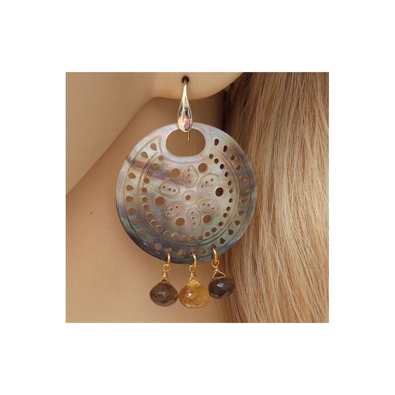 Vergulde oorbellen met Blacklip schelp, Citrien en Smokey Topaas