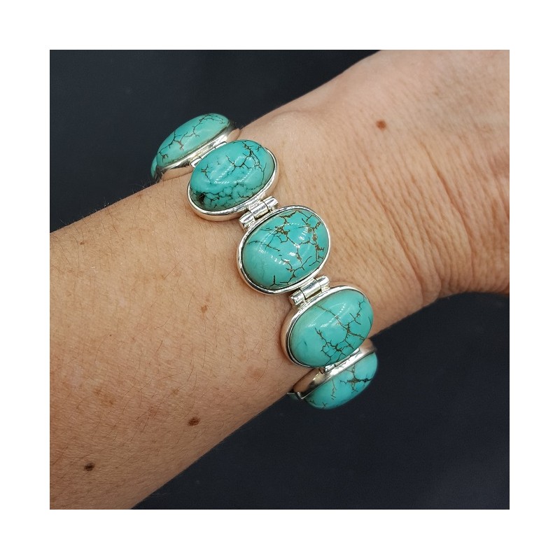 Zilveren armband met ovale cabochon geslepen Turkoois schakels