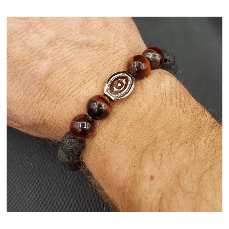 Stretch armband met rode Tijgeroog en Lava stenen