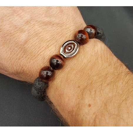 Stretch armband met rode Tijgeroog en Lava stenen