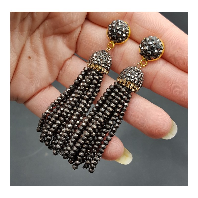 Tassel oorbellen met chocolade bruine kristallen