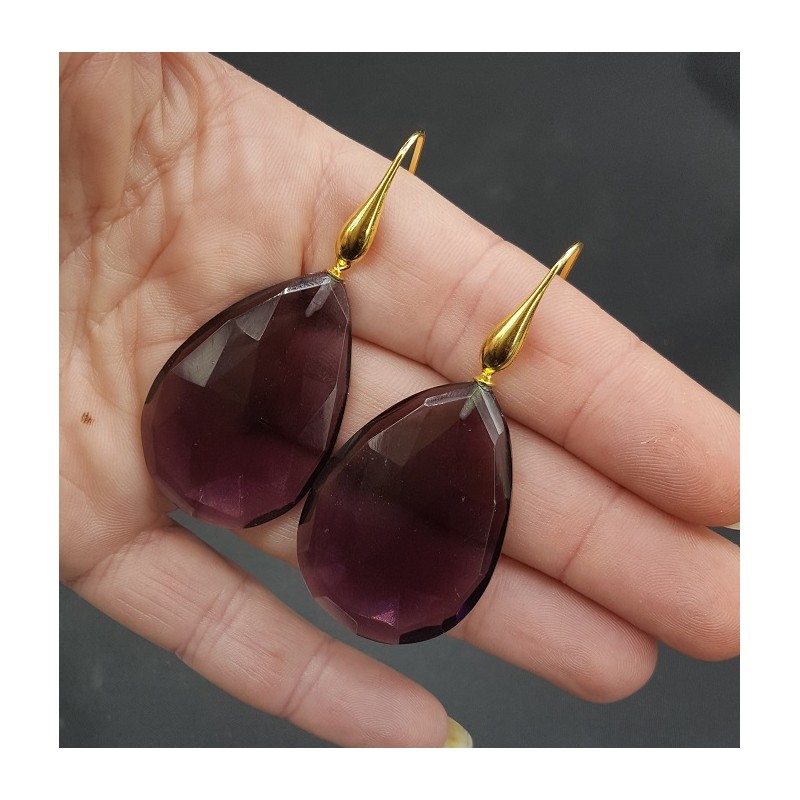 Vergulde oorbellen met grote Amethist quartz briolet