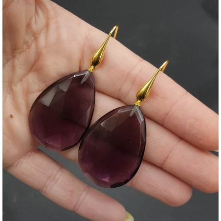 Vergulde oorbellen met grote Amethist quartz briolet