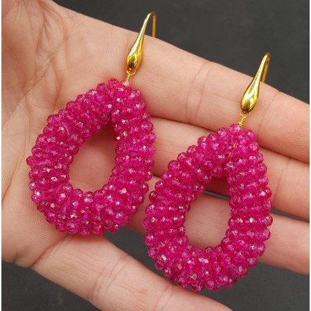 Vergulde oorbellen open druppel van fuchsia roze kristallen