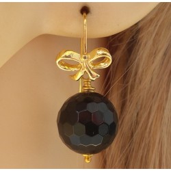 Vergulde oorbellen met ronde facet zwarte Onyx