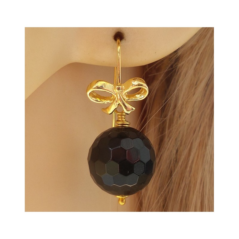 Vergulde oorbellen met ronde facet zwarte Onyx