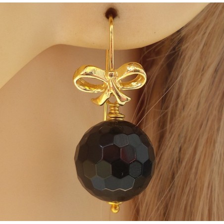Vergulde oorbellen met ronde facet zwarte Onyx