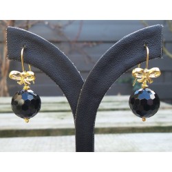 Vergulde oorbellen met ronde facet zwarte Onyx