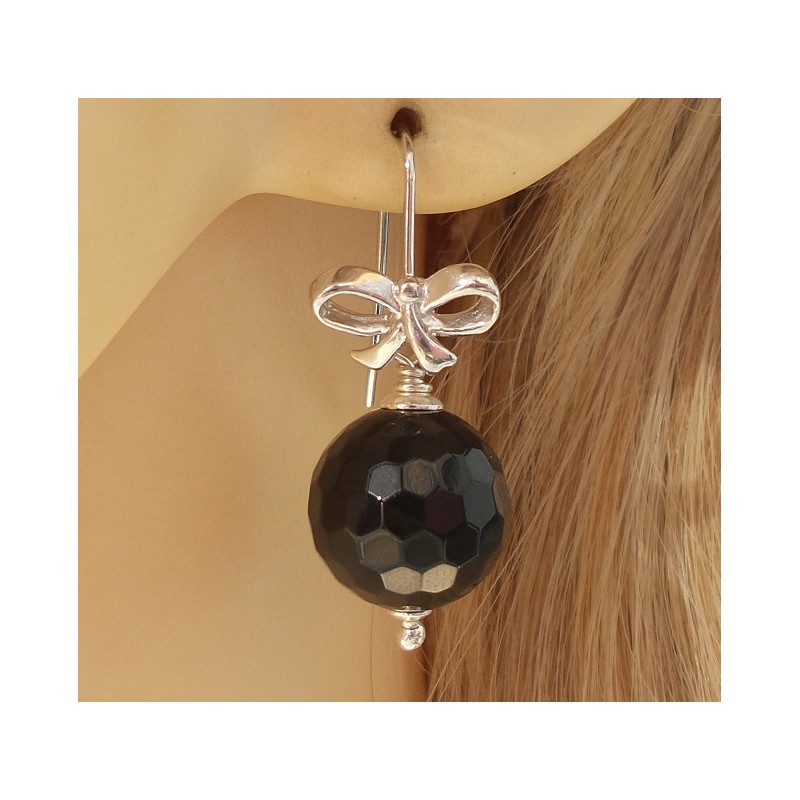 Zilveren oorbellen met ronde facet zwarte Onyx