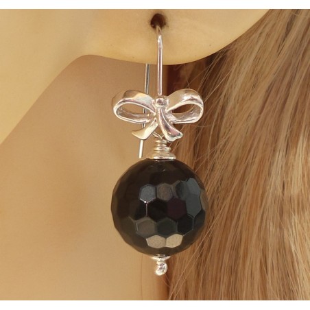 Zilveren oorbellen met ronde facet zwarte Onyx