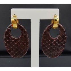 Creolen met ovale donker bruine Slangenleer hanger