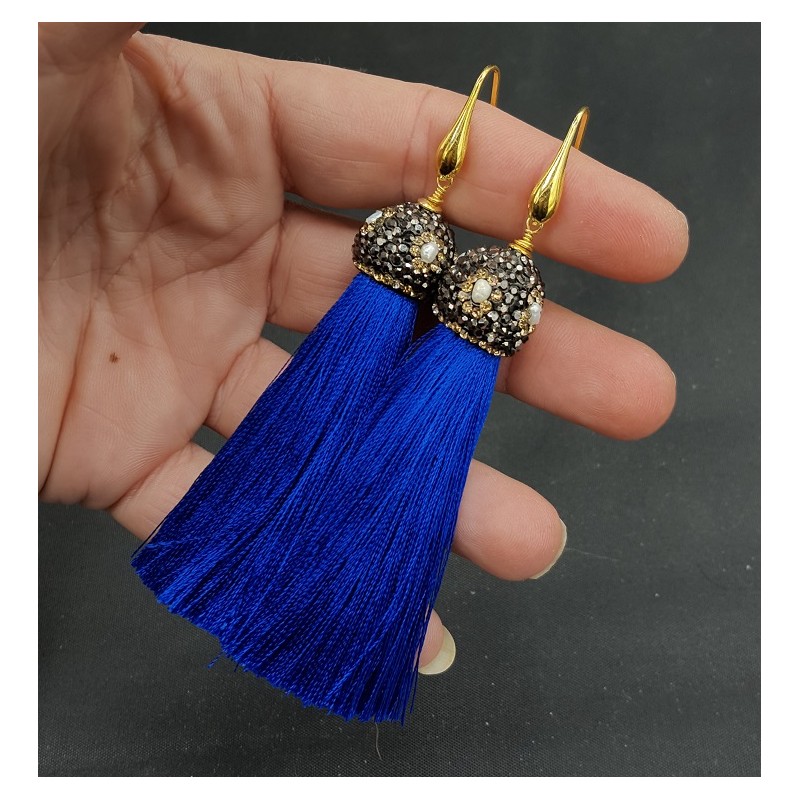 Vergulde blauwe tassel oorbellen met kristallen en parel