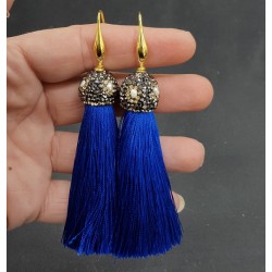 Vergulde blauwe tassel oorbellen met kristallen en parel