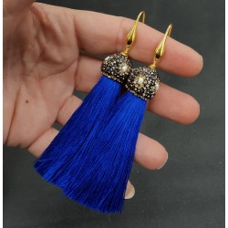 Vergulde blauwe tassel oorbellen met kristallen en parel