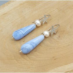 Zilveren oorbellen met blauw Lace Agaat en Parel