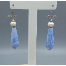 Zilveren oorbellen met blauw Lace Agaat en Parel