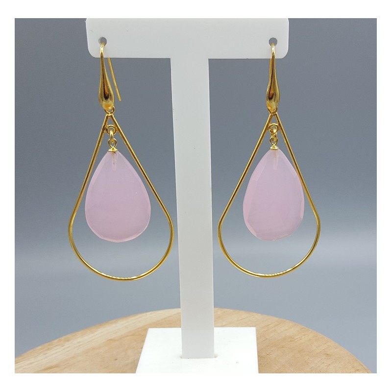 Vergulde oorbellen met roze Chalcedoon briolet