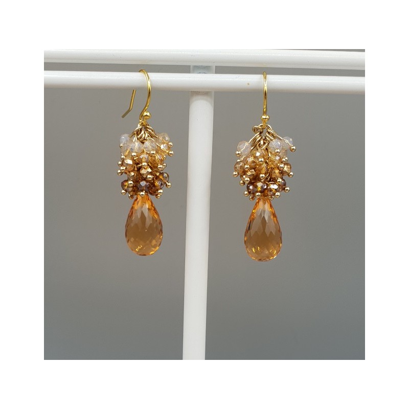 Vergulde oorbellen met kristallen en Citrien quartz briolet