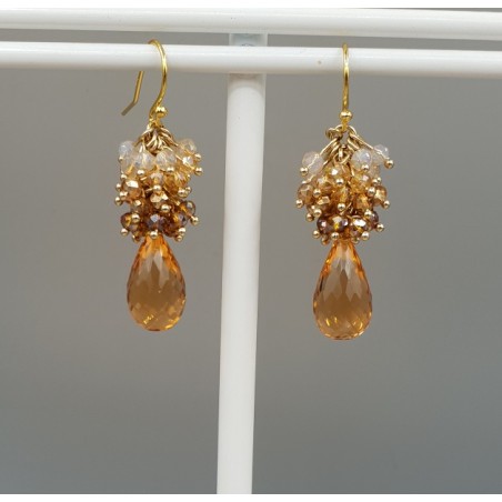 Vergulde oorbellen met kristallen en Citrien quartz briolet