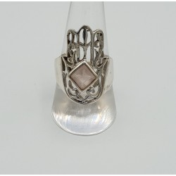 Zlveren Hamsa hand ring gezet met Rozenkwarts 19 mm