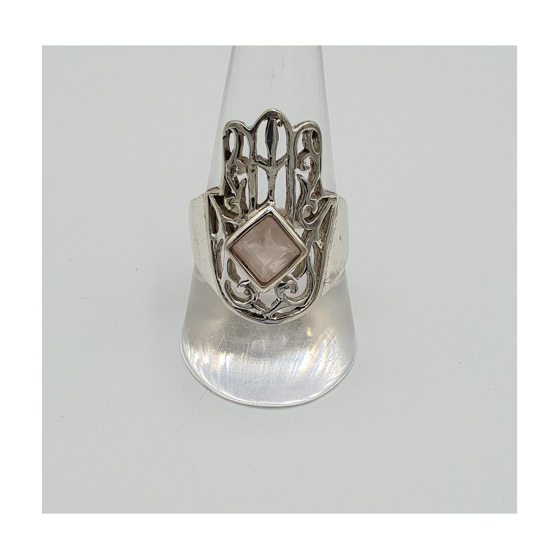 Zlveren Hamsa hand ring gezet met Rozenkwarts 19 mm