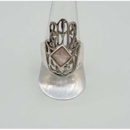 Zlveren Hamsa hand ring gezet met Rozenkwarts 19 mm