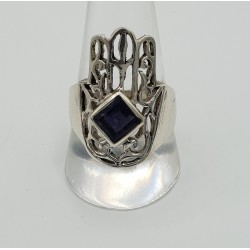 Zilveren Hamsa hand ring gezet met Ioliet 19.5 mm
