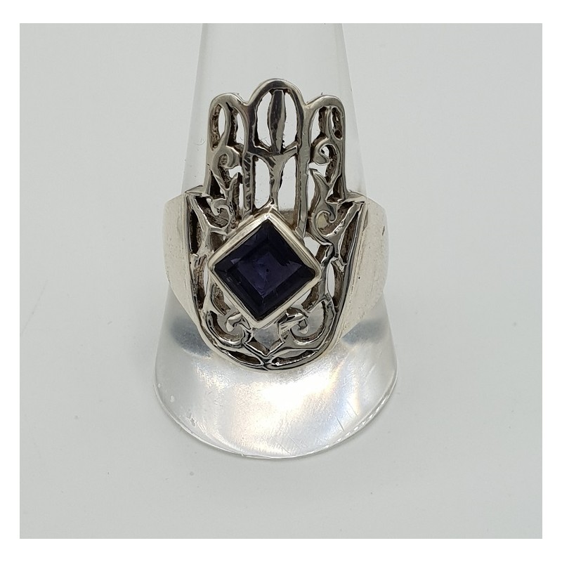 Zilveren Hamsa hand ring gezet met Ioliet 19.5 mm