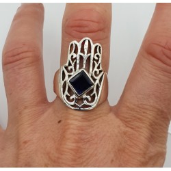 Zilveren Hamsa hand ring gezet met Ioliet 19.5 mm