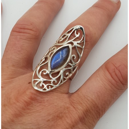 Zilveren ring marquise Labradoriet in open bewerkte setting 18.5 mm