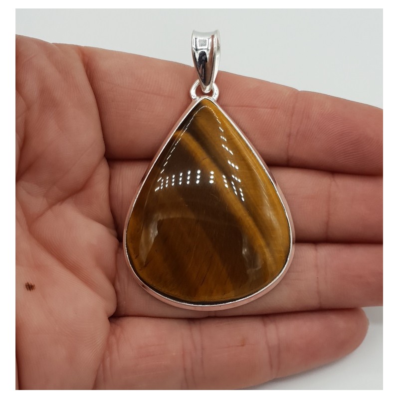 Zilveren hanger met brede druppelvormige cabochon Tijgeroog