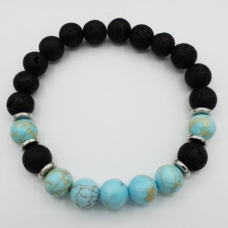 Stretch armband met Turkoois blauwe Sediment Jaspis en zwarte Lava stenen