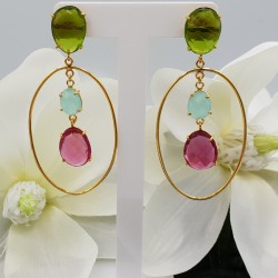 Vergulde oorbellen met Chalcedoon Peridot en roze Toermalijn quartz