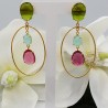 Vergulde oorbellen met Chalcedoon Peridot en roze Toermalijn quartz