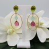 Vergulde oorbellen met Chalcedoon Peridot en roze Toermalijn quartz