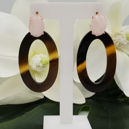 Rosé vergulde oorknoppen met Rozenkwarts en ovale Buffelhoorn hanger